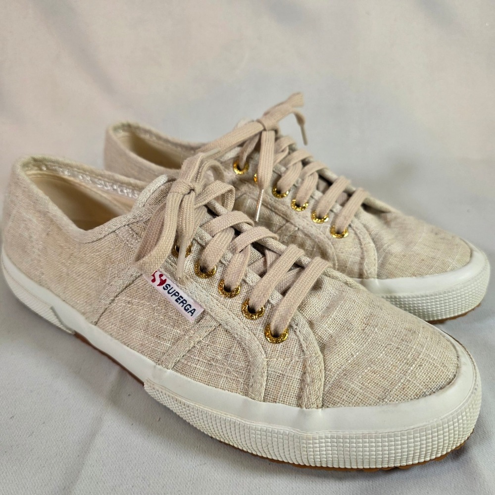 Superga‎ 2750 Cotu Womens 10 Linen Sneakers Beige Oat Gold Eyelets Low Top